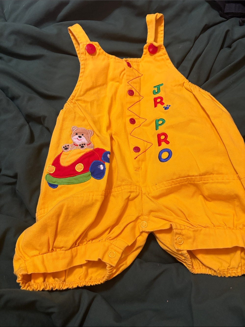 JR PRO Yellow Toddler Overalls with Teddy Car Appliqué